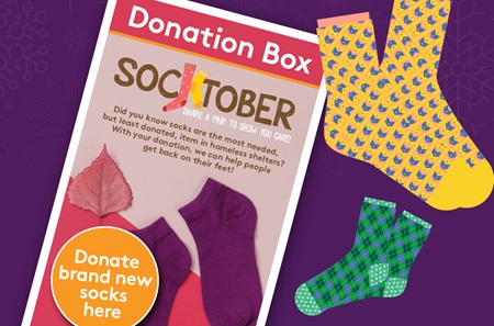 Graphic of sign on a box which reads: Donation Box. Socktober. Share a pair to show you care! 